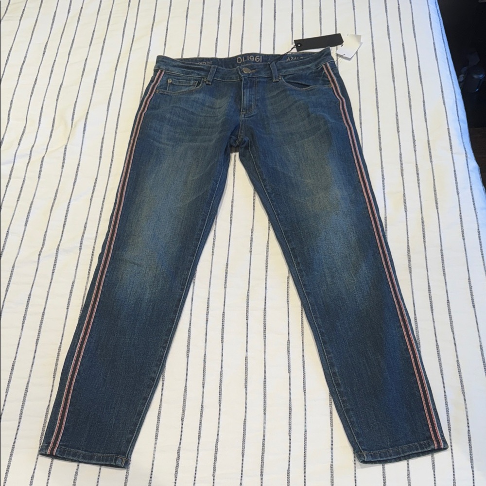 DL1961 Azalea Blue Relaxed Skinny Jeans with Red Stripes - 28x28